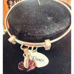 Silver Bangle Bracelet With Heart Charms "Dance" Engraved & Purple Crystal Accen